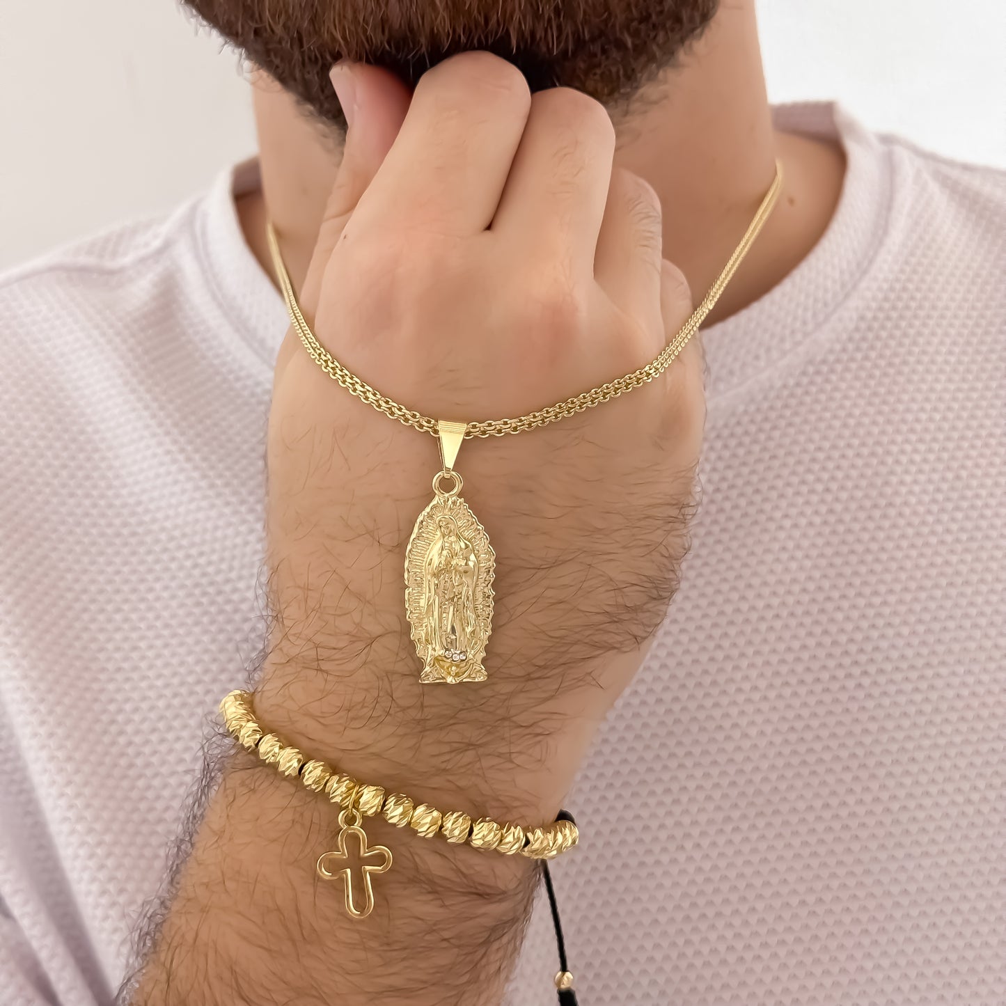 Cadena Tejido Chino de Hombre de 60cm de 3mm + Virgen de Guadalupe Tallada  + Pulsera Cruz Silueta en Balin italiano de 6mm en Oro Laminado 18k con Garantia de por vida