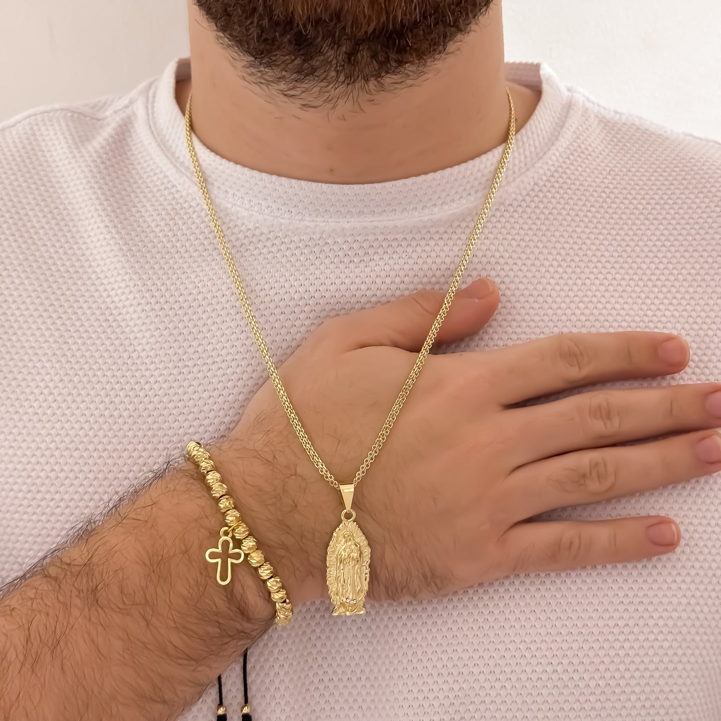 Cadena Tejido Chino de Hombre de 60cm de 3mm + Virgen de Guadalupe Tallada  + Pulsera Cruz Silueta en Balin italiano de 6mm en Oro Laminado 18k con Garantia de por vida