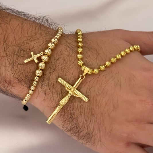 Cadena Tejido Militar Diamantada  de Hombre de 60cm de 4mm + Cruz Cristo Madero Proteccion + Pulsera Full Balines Cruz Cristo Madero en Oro Laminado 18k con Garantia de por vida