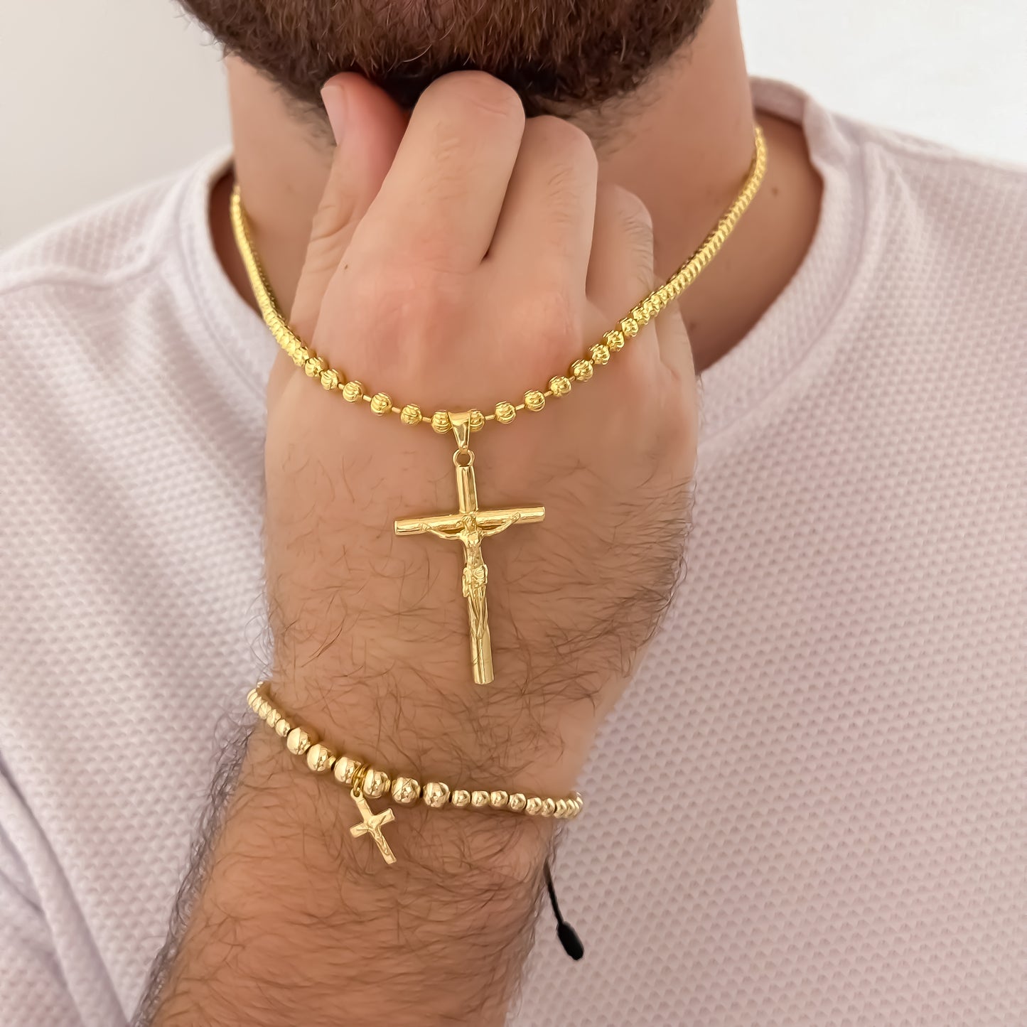 Cadena Tejido Militar Diamantada  de Hombre de 60cm de 4mm + Cruz Cristo Madero Proteccion + Pulsera Full Balines Cruz Cristo Madero en Oro Laminado 18k con Garantia de por vida