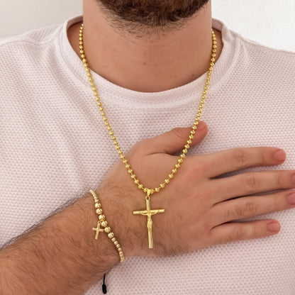 Cadena Tejido Militar Diamantada  de Hombre de 60cm de 4mm + Cruz Cristo Madero Proteccion + Pulsera Full Balines Cruz Cristo Madero en Oro Laminado 18k con Garantia de por vida