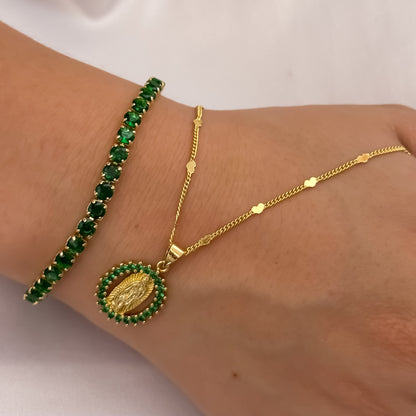 Cadena Tejido Cubana de Dama de 45cm + Virgen de Guadalupe Esmeralda + Pulsera Tennis Verde Esmeralda en Oro Laminado 18k con Garantia de por vida