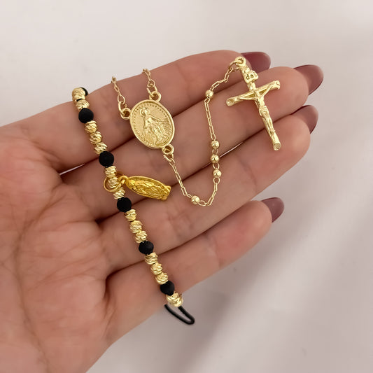 Camándula Virgen de Guadalupe  de 50cm de 4mm + Pulseras Virgen de Guadalupe en Balin italiano de 4mm en Oro Laminado 18k con Garantia de por vida