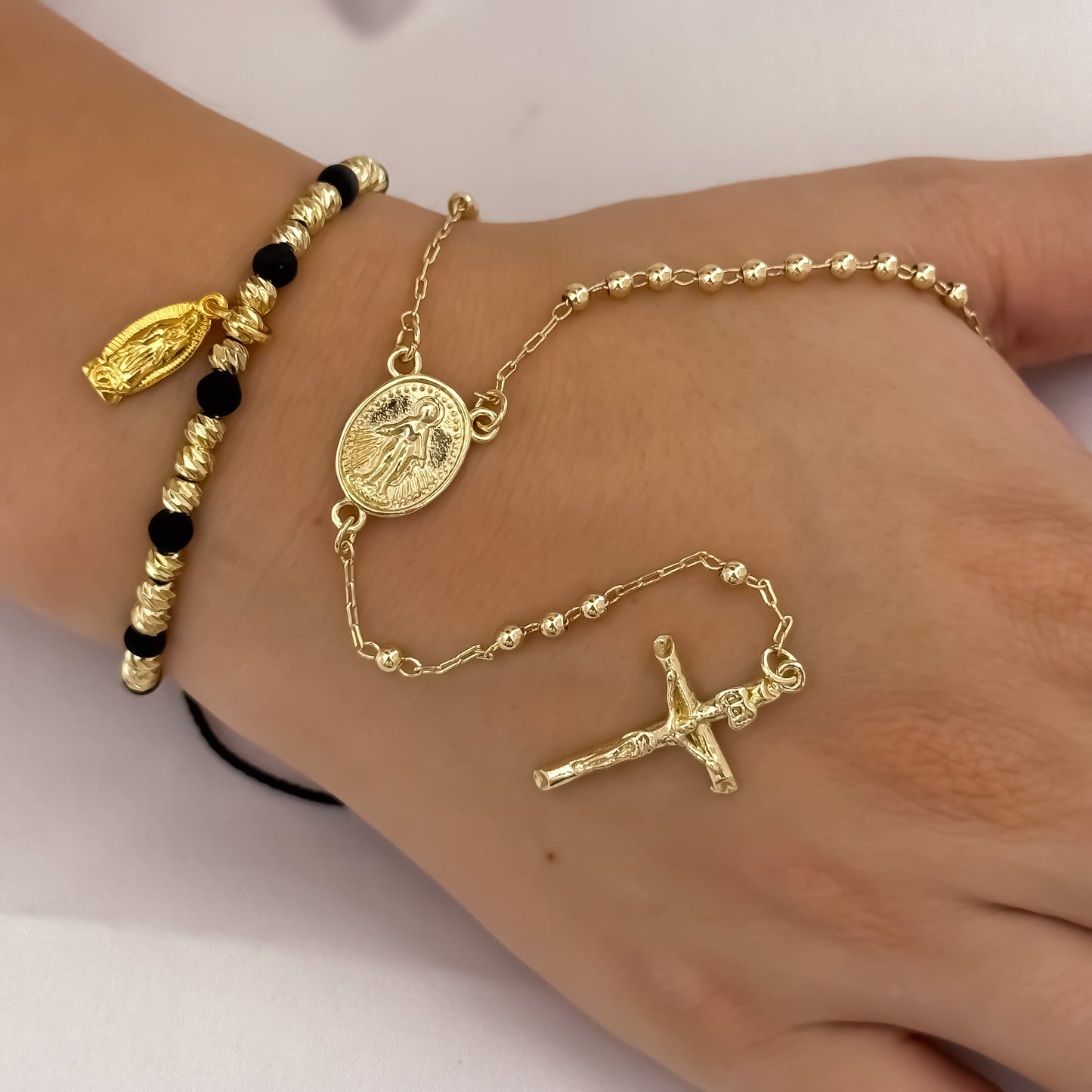 Camándula Virgen de Guadalupe  de 50cm de 4mm + Pulseras Virgen de Guadalupe en Balin italiano de 4mm en Oro Laminado 18k con Garantia de por vida