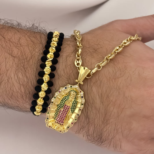Cadena Tejido Gucci de Hombre de 60cm de 5mm + Virgen de Guadaluep Talla con Micro Circones de Colores + Pulsera Doble Carril Balin Italiano en Oro Laminado 18k con Garantia de por vida