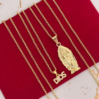 Promocion de Amor y Amistad Cadenas para Parejas de Hombre 60cm y Dama 45cm con Dije de  Virgen de Guadalupe + Dije de Dios   en Oro Laminado 18k con Garantia de por vida