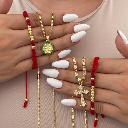 Promcion de Cadenas Para Parejas en Tejido Escalera con Destellos Hombre y   Dama + Dijes de Fe  + Cruz con Micro Circones  2 Pulseras  Hilo Rojo en Balin Italiano de 4mm  en Oro Laminado 18k con Garantía de por vida