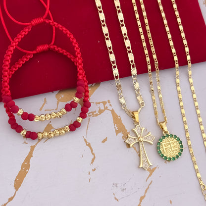 Promcion de Cadenas Para Parejas en Tejido Escalera con Destellos Hombre y   Dama + Dijes de Fe  + Cruz con Micro Circones  2 Pulseras  Hilo Rojo en Balin Italiano de 4mm  en Oro Laminado 18k con Garantía de por vida