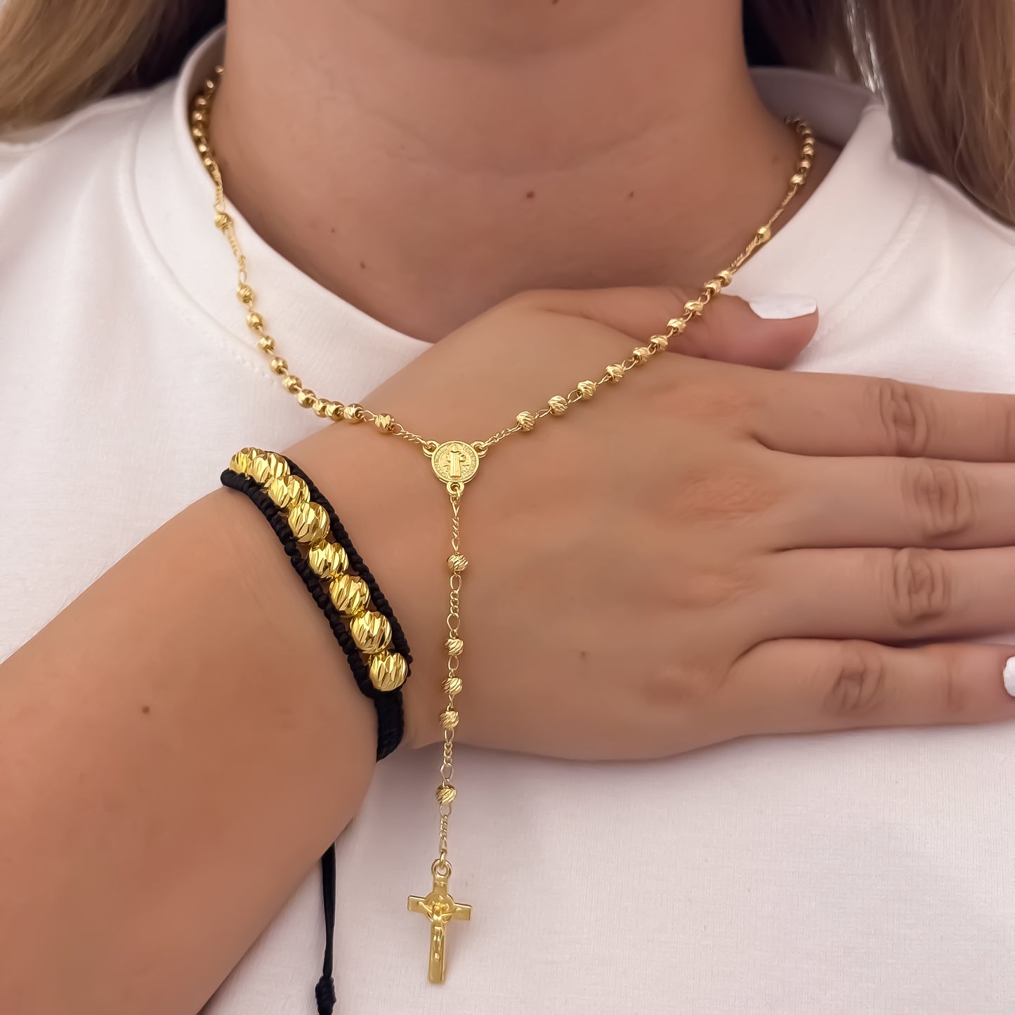 Camándula de San Benito Protección  de 45cm de 4mm de Grosor + Pulsera Balin Italiano de 8mm en Oro Laminado 18k con Garantia de por vida
