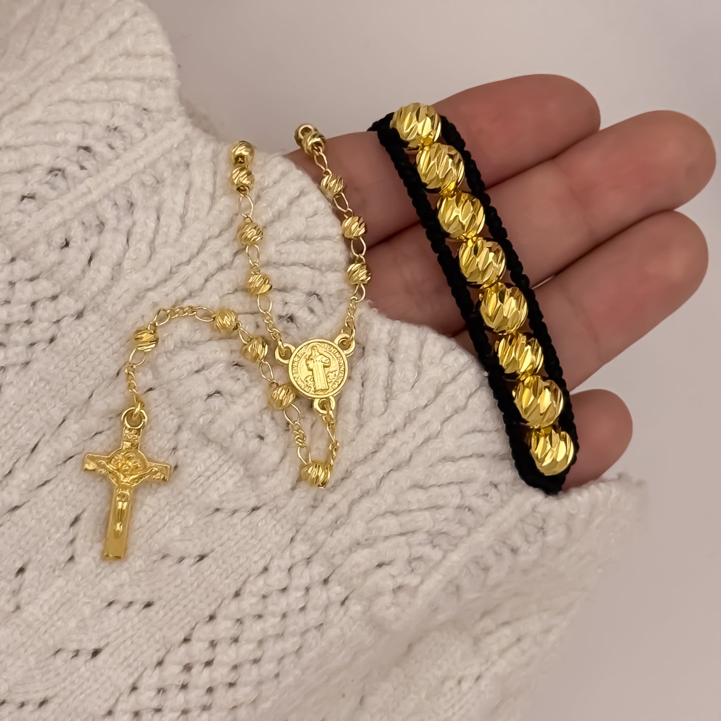 Camándula de San Benito Protección  de 45cm de 4mm de Grosor + Pulsera Balin Italiano de 8mm en Oro Laminado 18k con Garantia de por vida