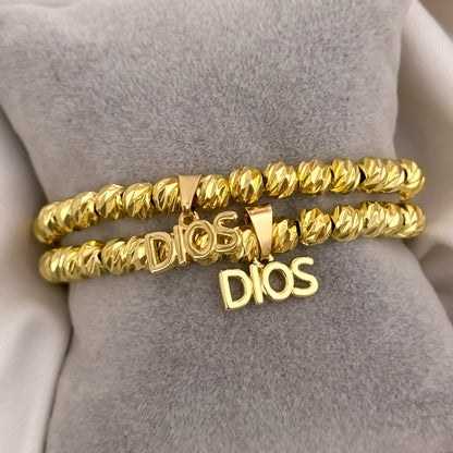 Promoción de 2  Pulseras para Parejas en Balin Italiano de 6mm con el Dije de Dios Protección en Oro Laminado 18k con Garantía de por vid