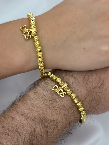Promoción de 2  Pulseras para Parejas en Balin Italiano de 6mm con el Dije de Dios Protección en Oro Laminado 18k con Garantía de por vid