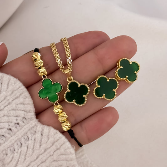 Cadena Tejido Chino de 45cm de 3mm + Dije Van Cleef  Verde Esmeralda  + Pulsera Van Cleef + Topo Van Cleef Verde Esmeralda  en Oro Laminado 18k con Garantia de por vida