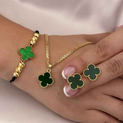 Cadena Tejido Chino de 45cm de 3mm + Dije Van Cleef  Verde Esmeralda  + Pulsera Van Cleef + Topo Van Cleef Verde Esmeralda  en Oro Laminado 18k con Garantia de por vida