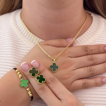 Cadena Tejido Chino de 45cm de 3mm + Dije Van Cleef  Verde Esmeralda  + Pulsera Van Cleef + Topo Van Cleef Verde Esmeralda  en Oro Laminado 18k con Garantia de por vida
