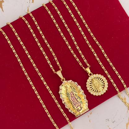 Promocion de Amor y Amistad Cadenas para Parejas de Hombre 60cm y Dama 45cm con Dije de  Virgen de Guadalupe  en Oro Laminado 18k con Garantia de por vida