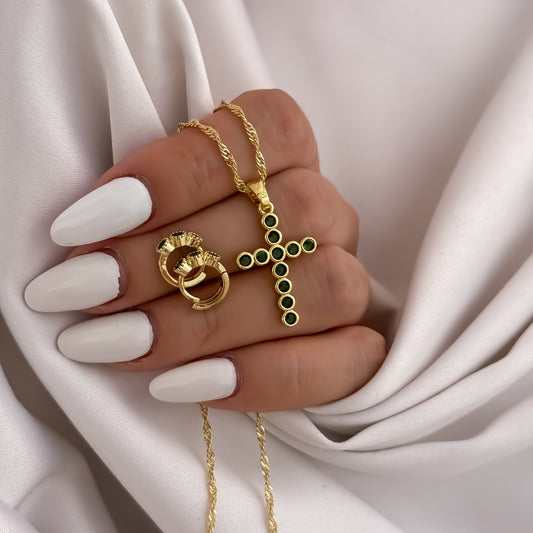 Cadena Tejido Singapur de Dama de 45cm + Cruz Verde Esmeralda  + Candonga Verde Esmeralda en Oro Laminado 18k con Garantia de por vida