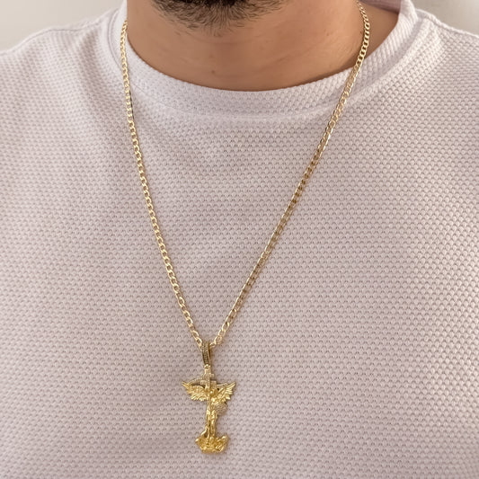 Cadena Tejido Cubana de Hombre de 60cm de 4mm + San Miguel Arcangel Tallado con Micro circones en Oro Laminado 18k con Garantia de por vida