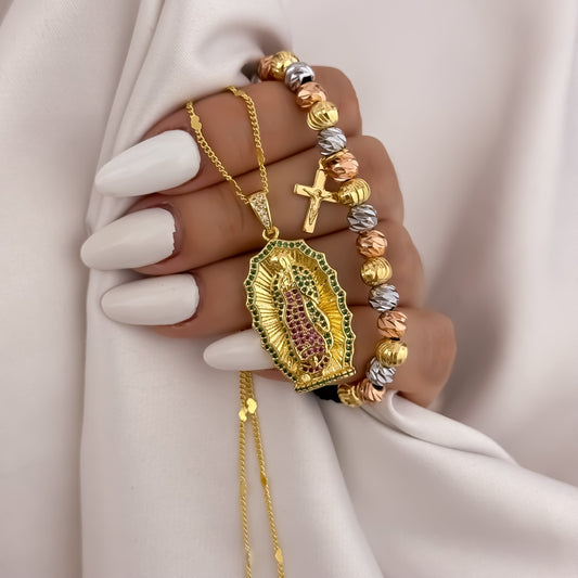 Cadena Tejido Cubana Delgada de Dama de 45cm + Virgen de Guadalupe Talla con Micro Circones de Colores + Pulseras Balin Italiano de 6mm de 3 Oros en Oro Laminado 18k con Garantia de por vida