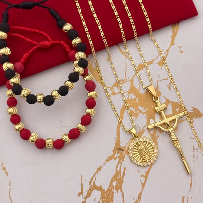 Promocion de Cadenas para Parejas en Tejido Caracol de Hombre 60 + Cruz Cristo Madero + Dama de 45cm  + Virgen de Guadalupe Tallada + 2 Pulseras con Neopreno en Balin Italiano de 6mm en Oro Laminado 18k con Garantia de por vida