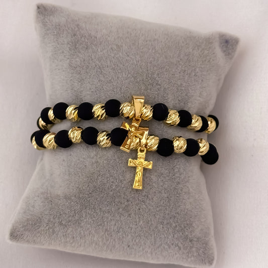 Promoción de 2 Pulseras para Parejas en Balin Italiano de 6mm con Neopreno en Oro Laminado 18k con Garantía de por vida