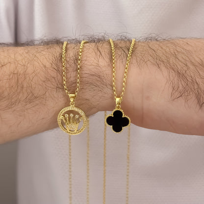 Promoción de 2  Cadenas para Parejas en Tejido de Aros de Hombre de 60cm + Cadena de Dama de 45cm + Dije Van Cleef  Negro +  Corona Rolex con Circones en Oro Laminado 18k con Garantia de por vdia