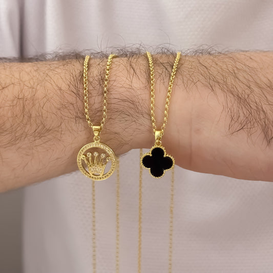 Promoción de 2  Cadenas para Parejas en Tejido de Aros de Hombre de 60cm + Cadena de Dama de 45cm + Dije Van Cleef  Negro +  Corona Rolex con Circones en Oro Laminado 18k con Garantia de por vdia