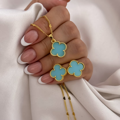 Conjunto Van Cleef Cadena + Dije Van Cleef Azul + Topos Van Cleef en Oro Laminado 18k con Garantia de por vida