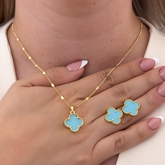 Conjunto Van Cleef Cadena + Dije Van Cleef Azul + Topos Van Cleef en Oro Laminado 18k con Garantia de por vida
