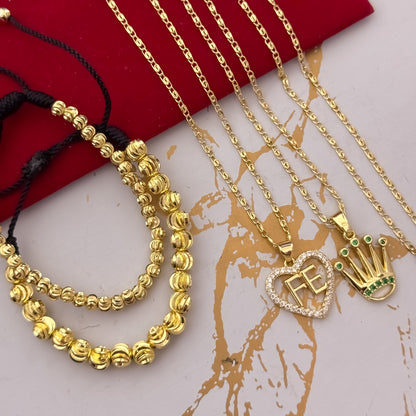 Promocion de 2 Cadenas para Parejas en Tejido Caracol de Dama + Dije de Corazon FE + Cadena de Hombre de 60cm + Corona Rolex + 2 Pulseras Balin Italiano de 6mm - 4mm en Oro Laminado 18k con Garantia de por vida