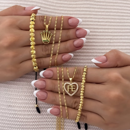 Promocion de 2 Cadenas para Parejas en Tejido Caracol de Dama + Dije de Corazon FE + Cadena de Hombre de 60cm + Corona Rolex + 2 Pulseras Balin Italiano de 6mm - 4mm en Oro Laminado 18k con Garantia de por vida