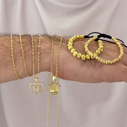 Promocion de 2 Cadenas para Parejas en Tejido Caracol de Dama + Dije de Corazon FE + Cadena de Hombre de 60cm + Corona Rolex + 2 Pulseras Balin Italiano de 6mm - 4mm en Oro Laminado 18k con Garantia de por vida