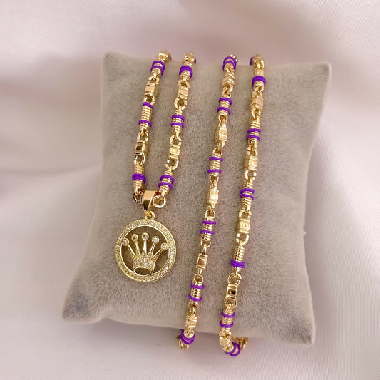 Cadena Tejido Rustica de Hombre de 60cm de 4mm con Cauchos Morado + Corona Rolex con Micro Circones Cristales en Oro Laminado 18k con Garantía de por vida