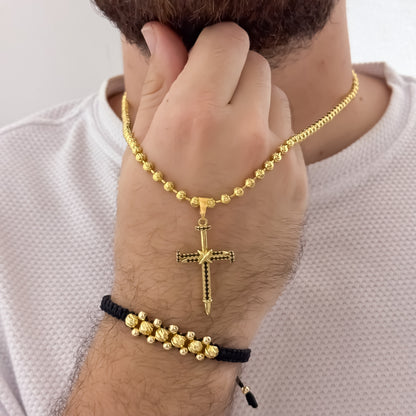 Cadena Militar Diamantada de 60cm de 4mm + Cruz Con Micro Circones Negro + Pulsera Balin Italiano 4MM  de 3 Carriles en Oro Laminado 18k con Garantia de por vida