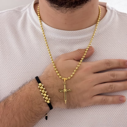 Cadena Militar Diamantada de 60cm de 4mm + Cruz Con Micro Circones Negro + Pulsera Balin Italiano 4MM  de 3 Carriles en Oro Laminado 18k con Garantia de por vida