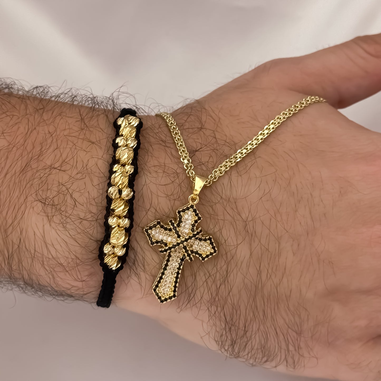 Cadena Tejido Chino de Hombre de 60cm de 3mm + Cruz Con Micro Circones de Colores  + Pulseras balin Italiano de 6mm y 4mm en Oro Laminado 18k con  Garantía de por vida