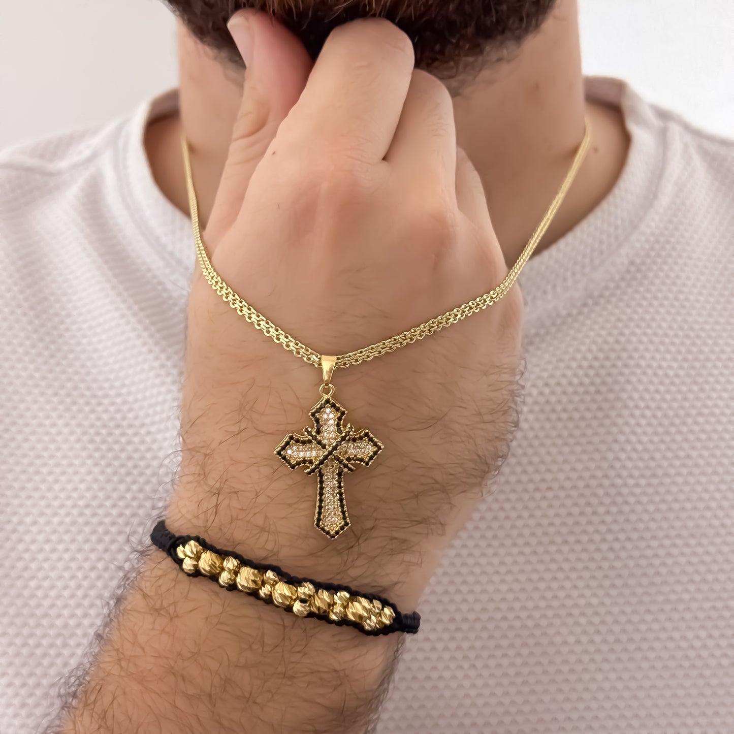 Cadena Tejido Chino de Hombre de 60cm de 3mm + Cruz Con Micro Circones de Colores  + Pulseras balin Italiano de 6mm y 4mm en Oro Laminado 18k con  Garantía de por vida