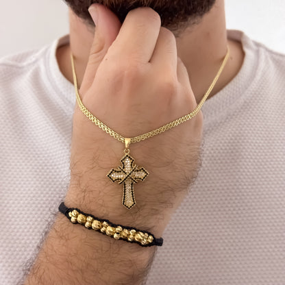 Cadena Tejido Chino de Hombre de 60cm de 3mm + Cruz Con Micro Circones de Colores  + Pulseras balin Italiano de 6mm y 4mm en Oro Laminado 18k con  Garantía de por vida