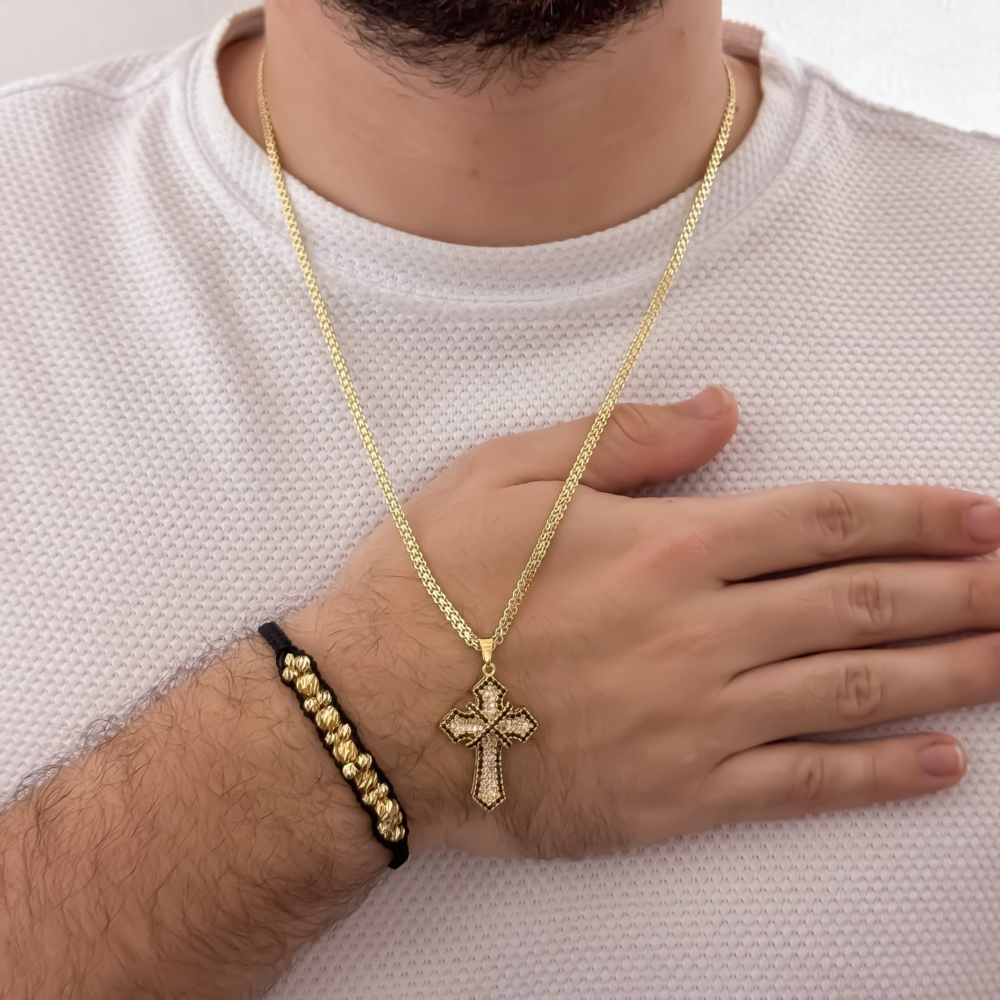 Cadena Tejido Chino de Hombre de 60cm de 3mm + Cruz Con Micro Circones de Colores  + Pulseras balin Italiano de 6mm y 4mm en Oro Laminado 18k con  Garantía de por vida