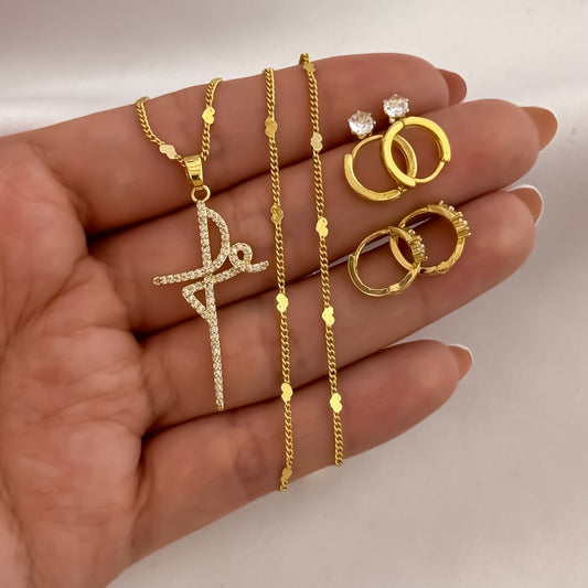 Cadena Tejido Cubana de Dama de 45cm + Dije de Fe con Micro Circones Cristales + Duo de Candongas con Micro Circones en Oro Laminado 18k con Garantia de por vida