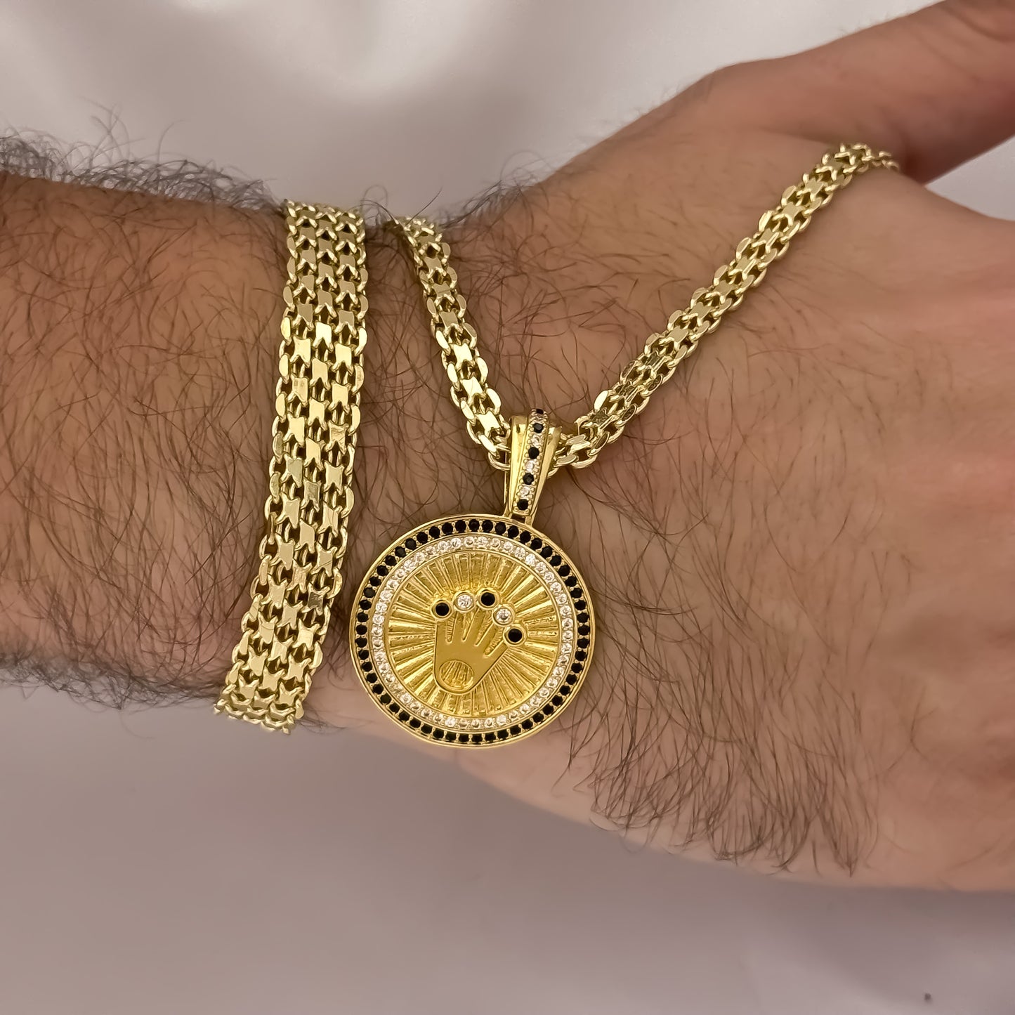 Conjunto Tejido Chino Cadena de Hombre de 60cm de 5mm + Corona Rolex Micro Circones + Pulseras Tejido Chino Grueso de 10mm de 20cm en Oro Laminado 18k con Garantia de por vida