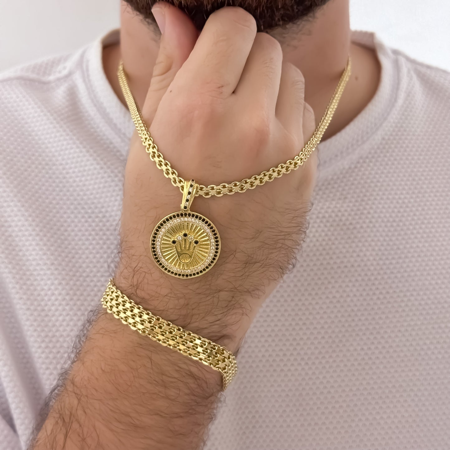 Conjunto Tejido Chino Cadena de Hombre de 60cm de 5mm + Corona Rolex Micro Circones + Pulseras Tejido Chino Grueso de 10mm de 20cm en Oro Laminado 18k con Garantia de por vida