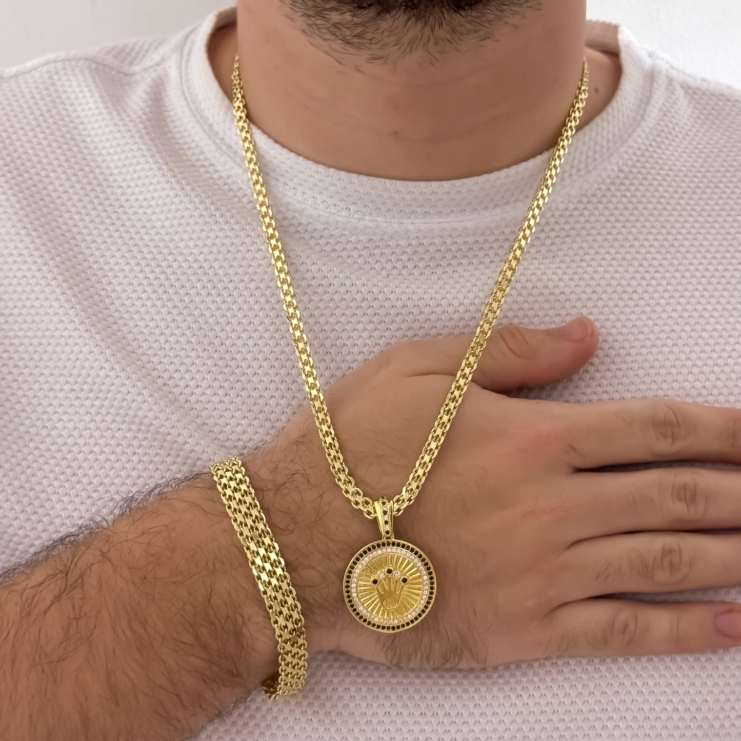 Conjunto Tejido Chino Cadena de Hombre de 60cm de 5mm + Corona Rolex Micro Circones + Pulseras Tejido Chino Grueso de 10mm de 20cm en Oro Laminado 18k con Garantia de por vida