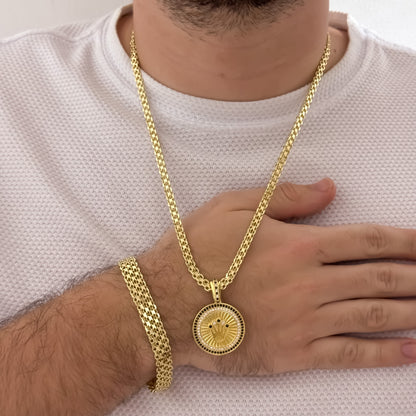 Conjunto Tejido Chino Cadena de Hombre de 60cm de 5mm + Corona Rolex Micro Circones + Pulseras Tejido Chino Grueso de 10mm de 20cm en Oro Laminado 18k con Garantia de por vida