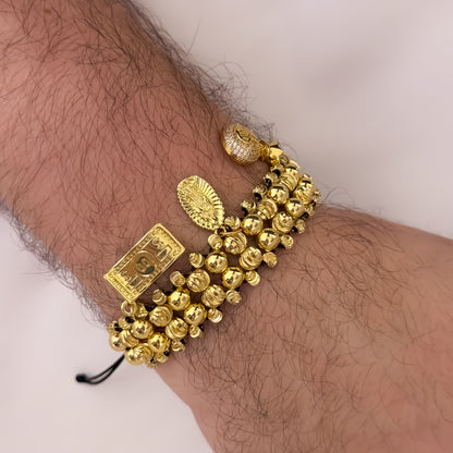 PULSERAS DE 3 CARRILES DE ABUNDANCIA Y DEVOCION EN BALIN ITALINAO Y LISO DE 4MM CON BILLETE DE DOLAR + VIRGEN DE GUADALUPE + BOLSA DE DINERO EN ROO LAMIANDO 18K CON GARANTIA DE POR VIDA