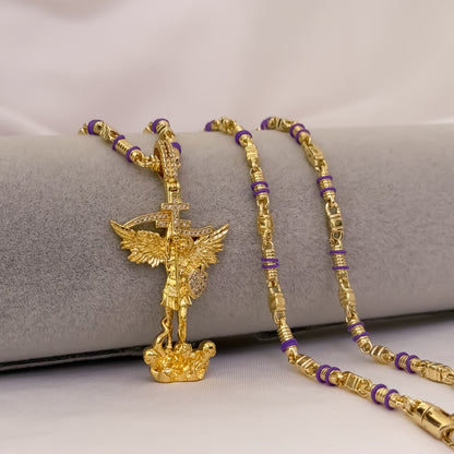 Cadena Rustica de hombre de 60cm de 3mm + Cauchos Morados + San Miguel Arcangel en Oro Laminado 18k con Garantia de por vida