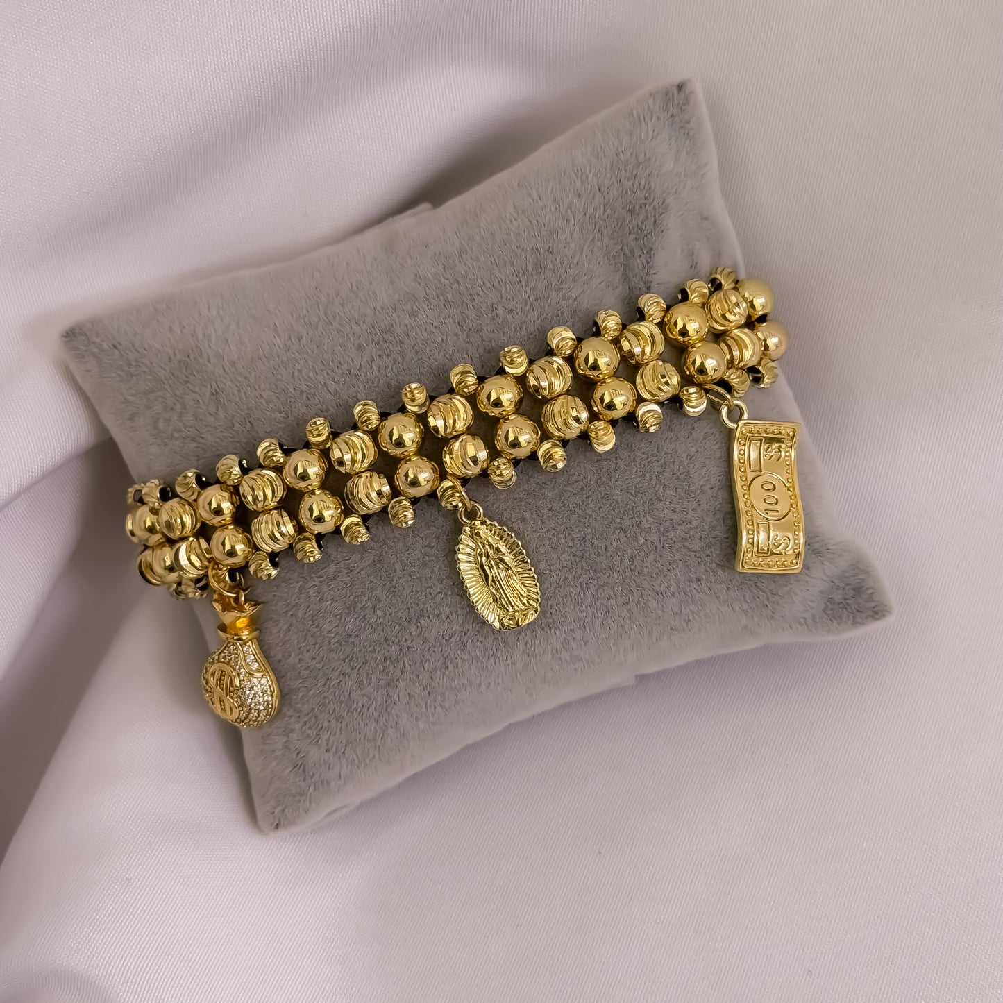 PULSERAS DE 3 CARRILES DE ABUNDANCIA Y DEVOCION EN BALIN ITALINAO Y LISO DE 4MM CON BILLETE DE DOLAR + VIRGEN DE GUADALUPE + BOLSA DE DINERO EN ROO LAMIANDO 18K CON GARANTIA DE POR VIDA