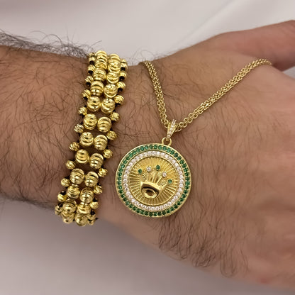 Cadena Tejido Chino de hombre de 60cm de 3m + Corona Rolex con Micro Circones Verde Esmeralda + Pulsera 3 Carriles Balin Italiano en Oro Laminado 18k con Garantia de por vida