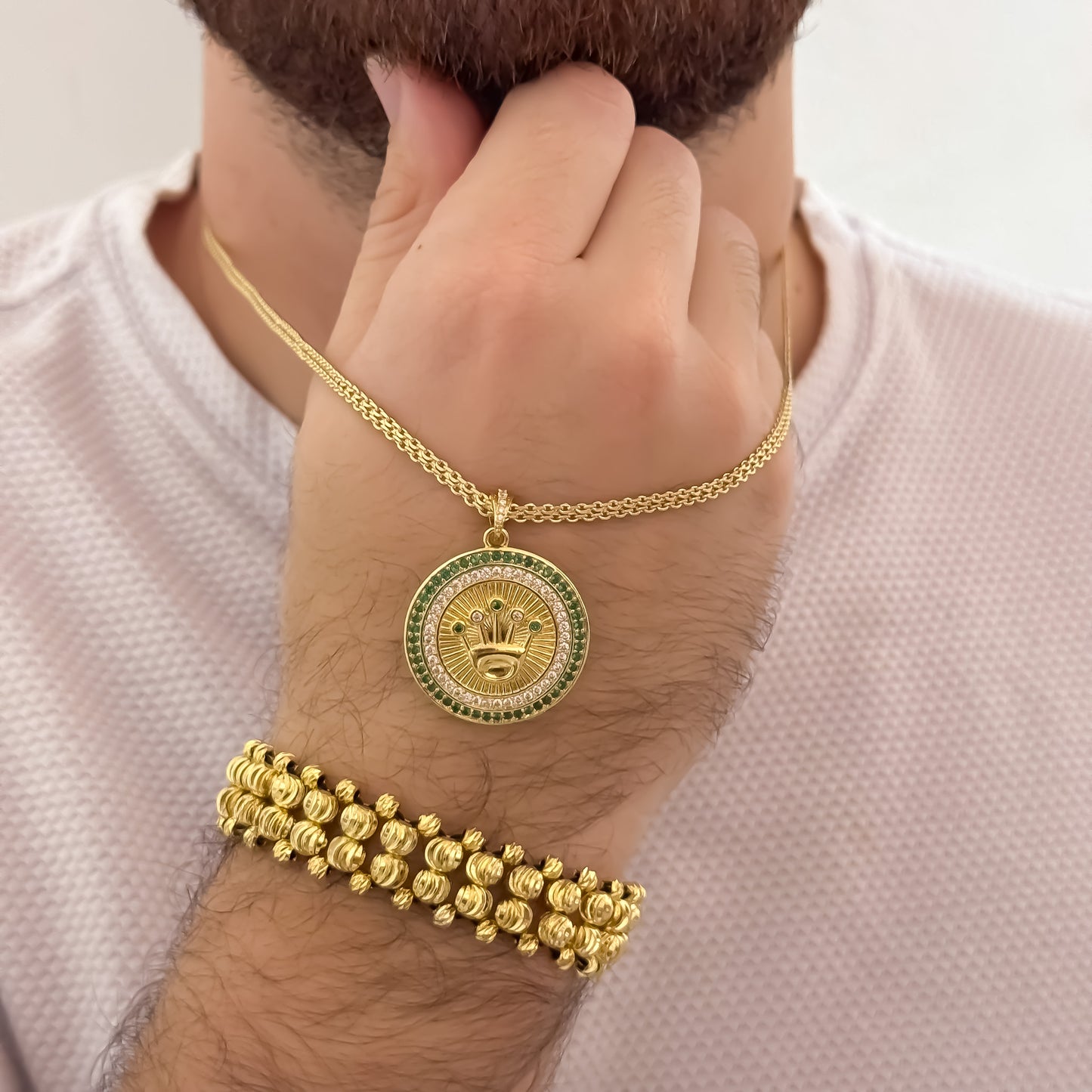 Cadena Tejido Chino de hombre de 60cm de 3m + Corona Rolex con Micro Circones Verde Esmeralda + Pulsera 3 Carriles Balin Italiano en Oro Laminado 18k con Garantia de por vida