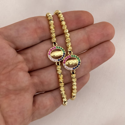 Promoción de 2 Pulseras Para Parejas de Virgen Guadalupe con Micro Circones de Colores  en Balin italiano de 6mm en Oro Laminado 18k